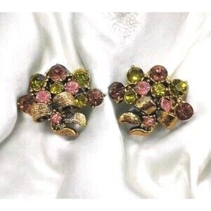 VTG 1950’s Pink Green Lavender Rhinestone Crystal Clip Cluster Bow Earrings